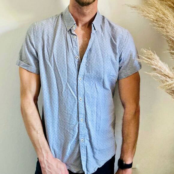 MENS ZARA Light Grey Gray Polka Dot White Button Down Short Sleeve Shirt Top L - Picture 1 of 9